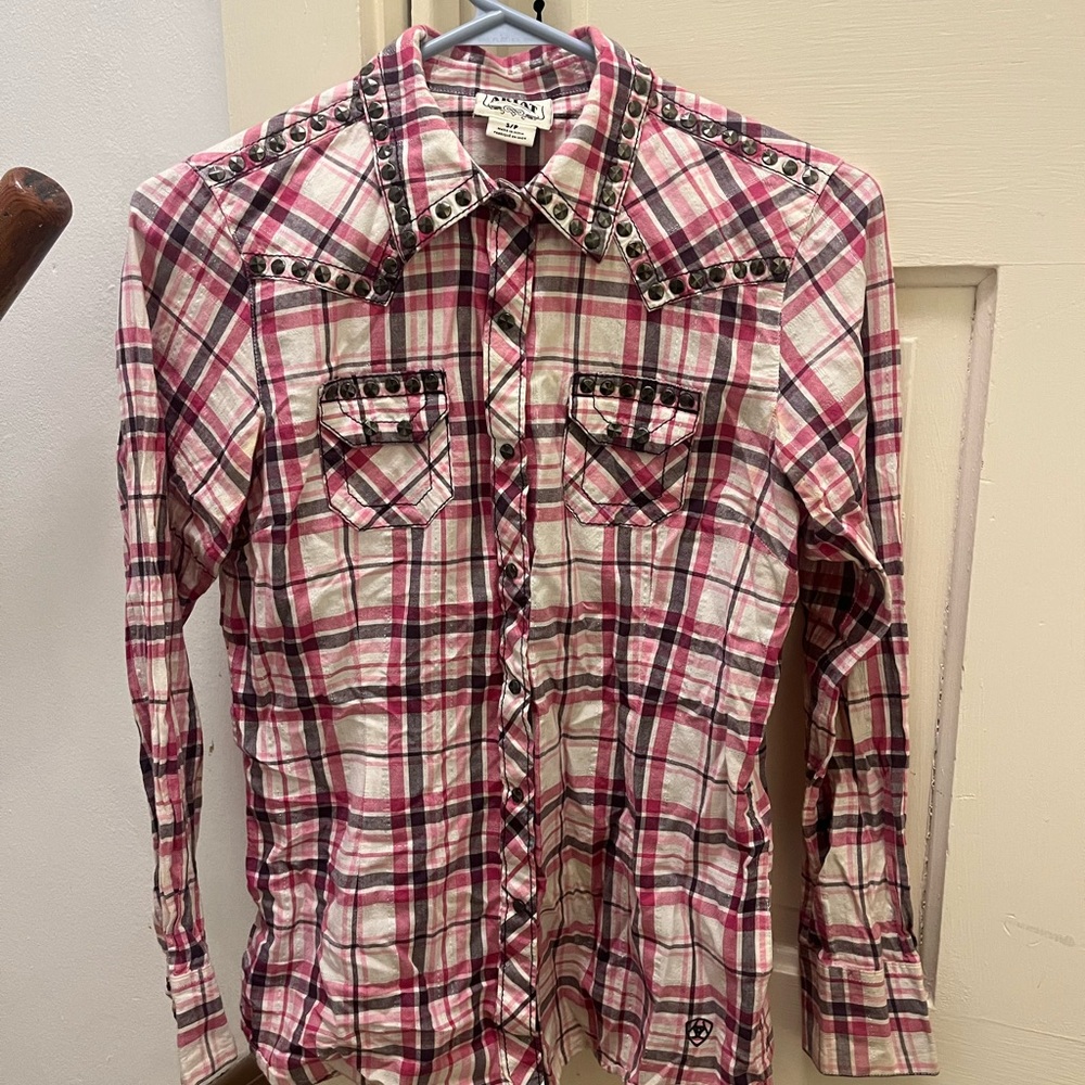Ariat Pink, White & Black Plaid Studded Shirt
